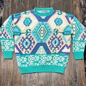 Vintage Multicolor Teal & Purple Geometric Crewneck Sweater